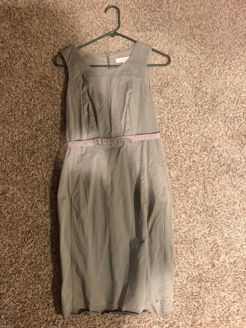 LOFT Sleeveless Sheath Dress in Light Gray with Pink Belt